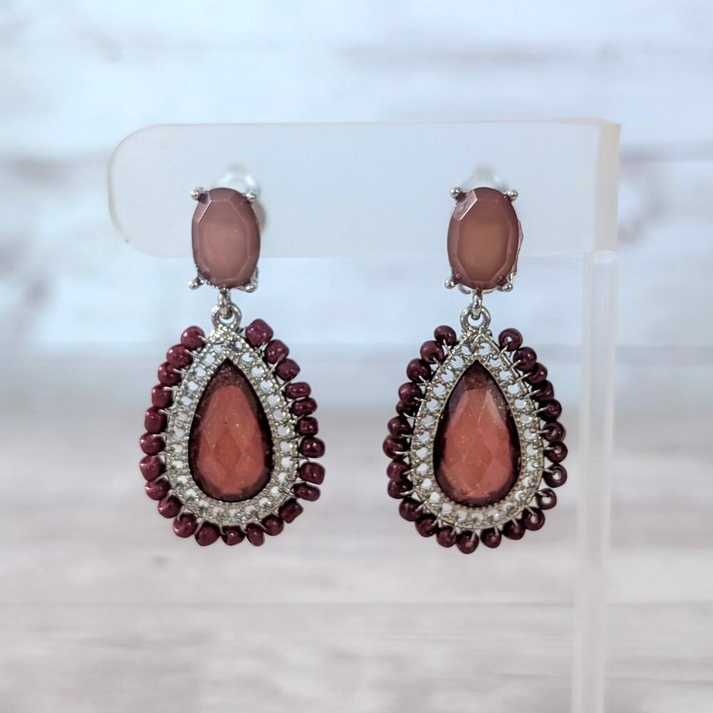 Vintage Clip On Earrings - Dusky Muted Burgundy-ish Dangle 1.75"